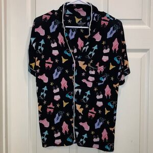 Cuddl Duds Pajama Top Black Swimsuit Print Button Down Size M Pink Soft Cozy